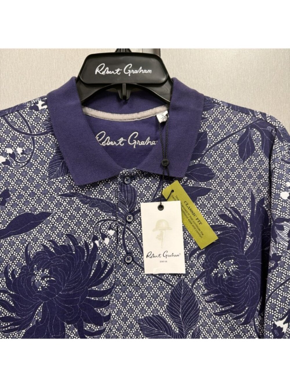 Robert Graham Basque Polo Shirt Mens Small Navy Floral Print Knit Short Sleeve - Picture 2 of 8